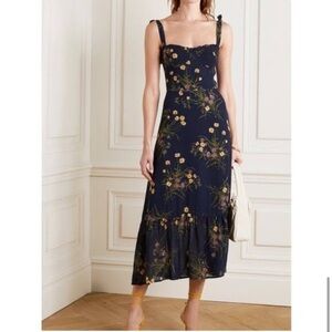 Reformation Blue and Yellow Ruffled Midi Sundress